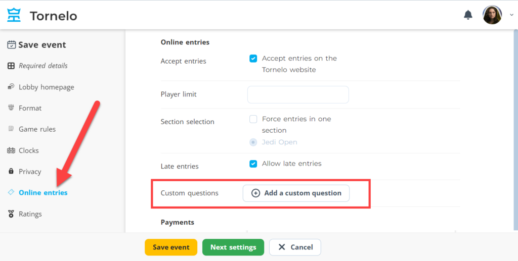 Add a custom question under Online entries tab
