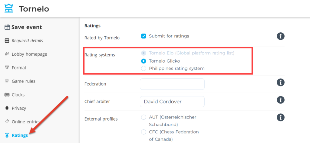 Organizers can choose to rate their events for Glicko ratings as well as for Elo ratings