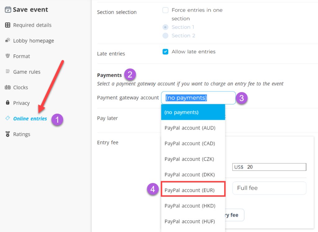 Select PayPal payments in your Event settings. 