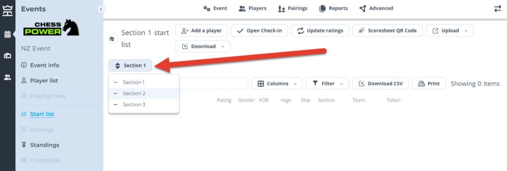 User friendly pairing program on Tornelo lets you manage multiple Sections under one Event