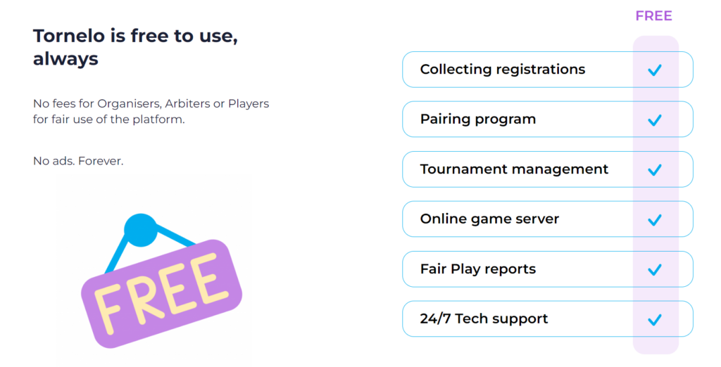 Free registrations, pairings, tournament management, online games platform and fair play report