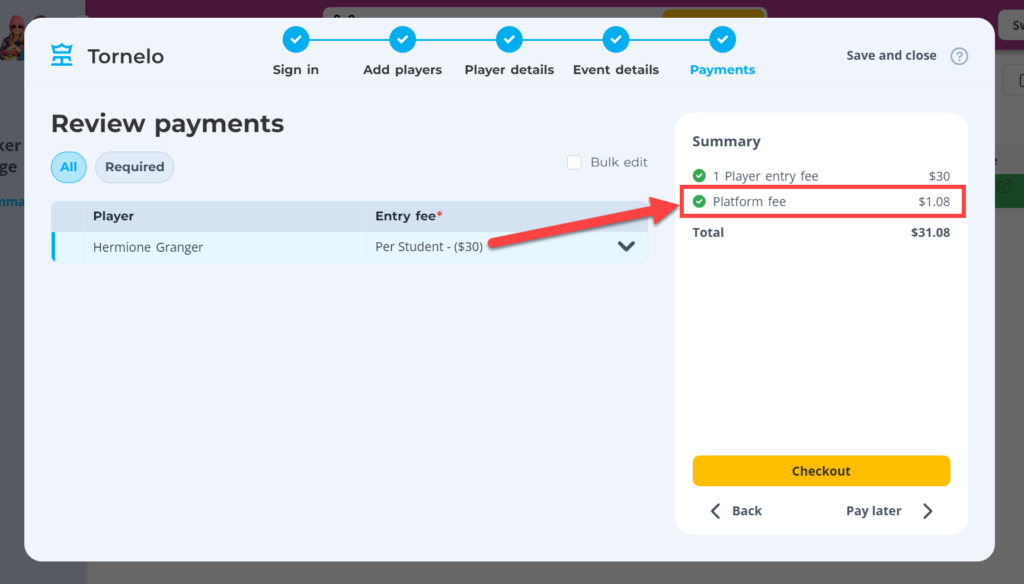 Processing fee displayed on Registraiton summary 