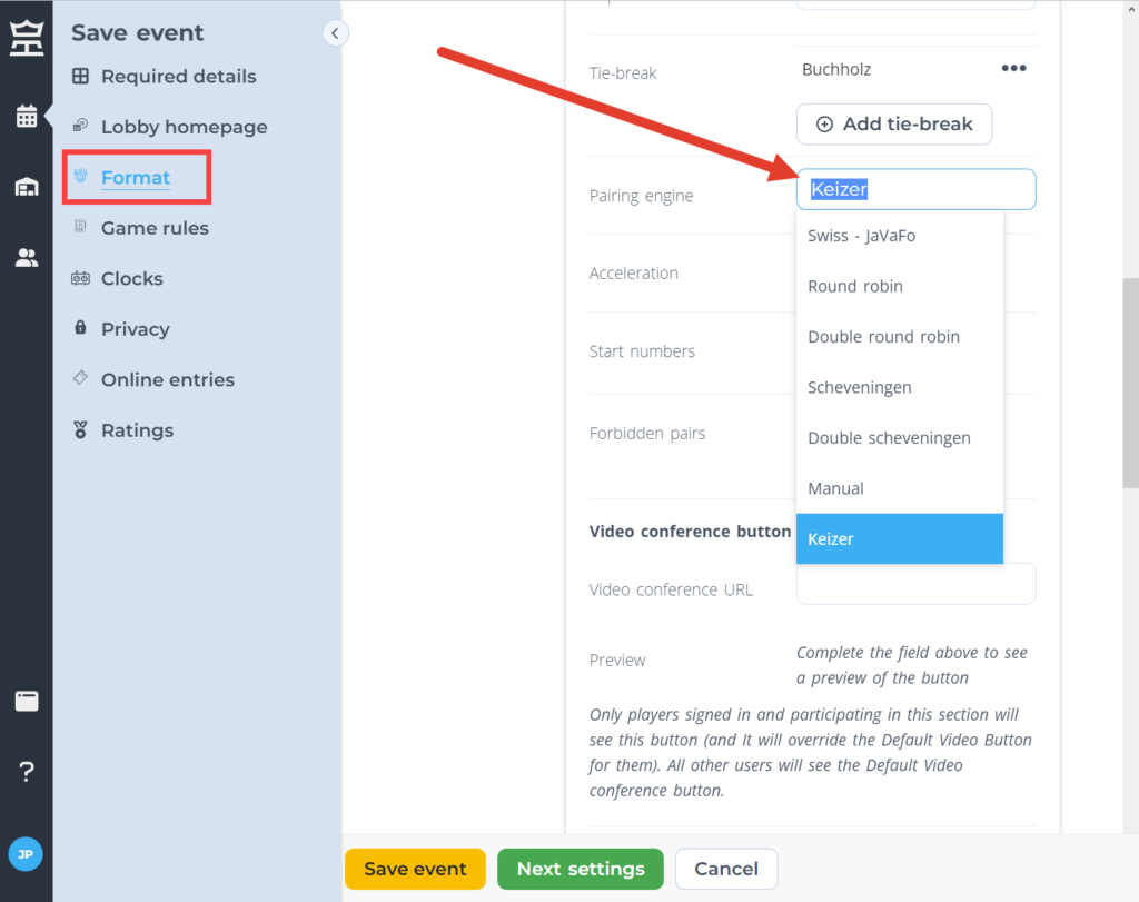 Select Keizer pairings in Event settings