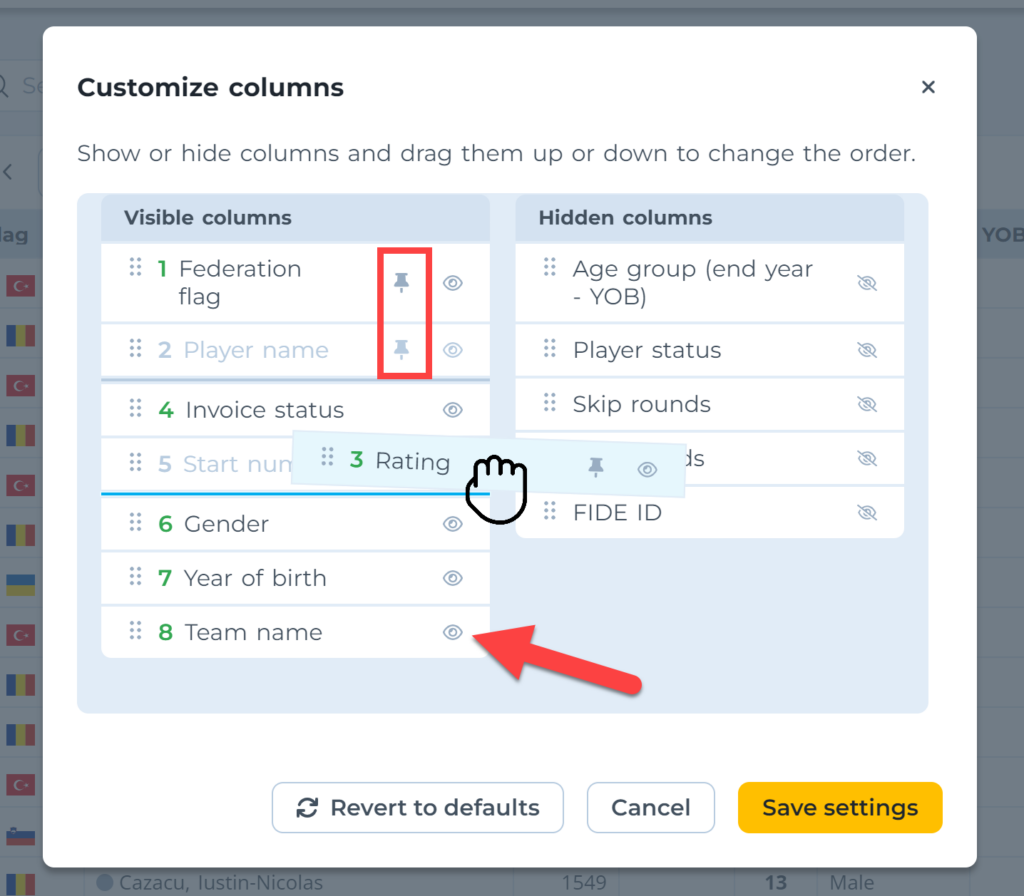 Customize columns for players lists or pairings