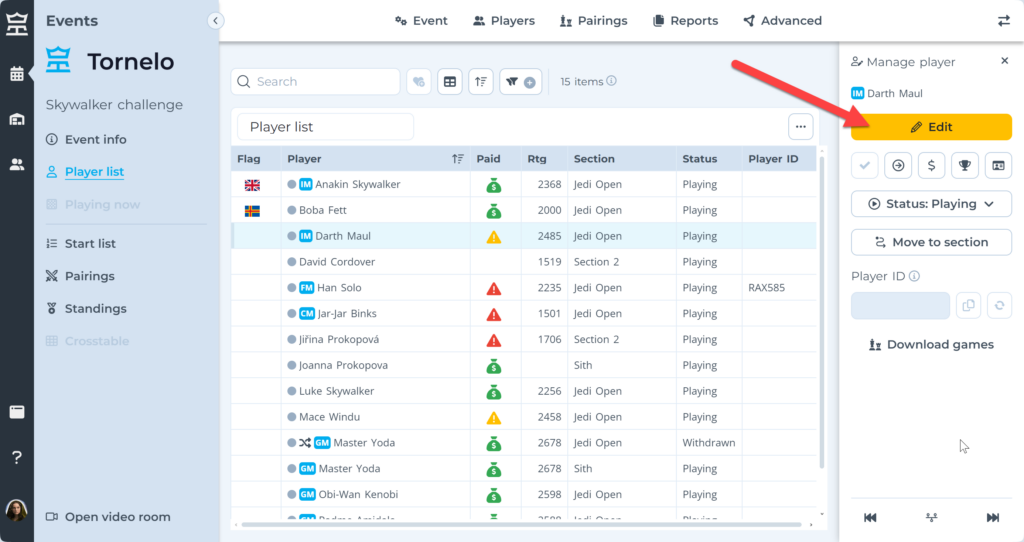 Edit player details in chess tournaments on Tornelo