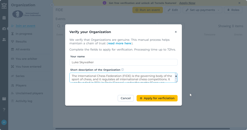 Apply for verification and unlock all Tornelo features