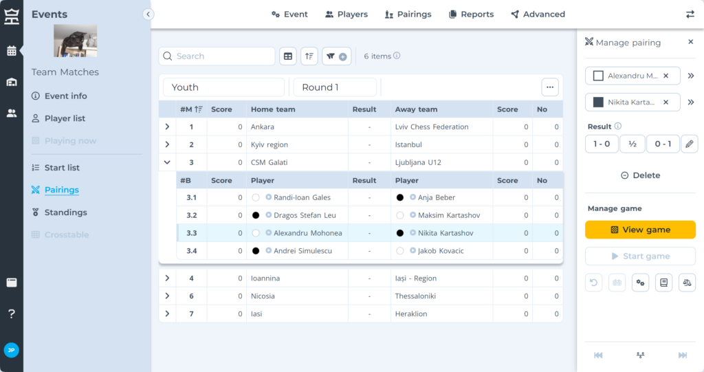 Team match management on Tornelo gives you full control over managing results